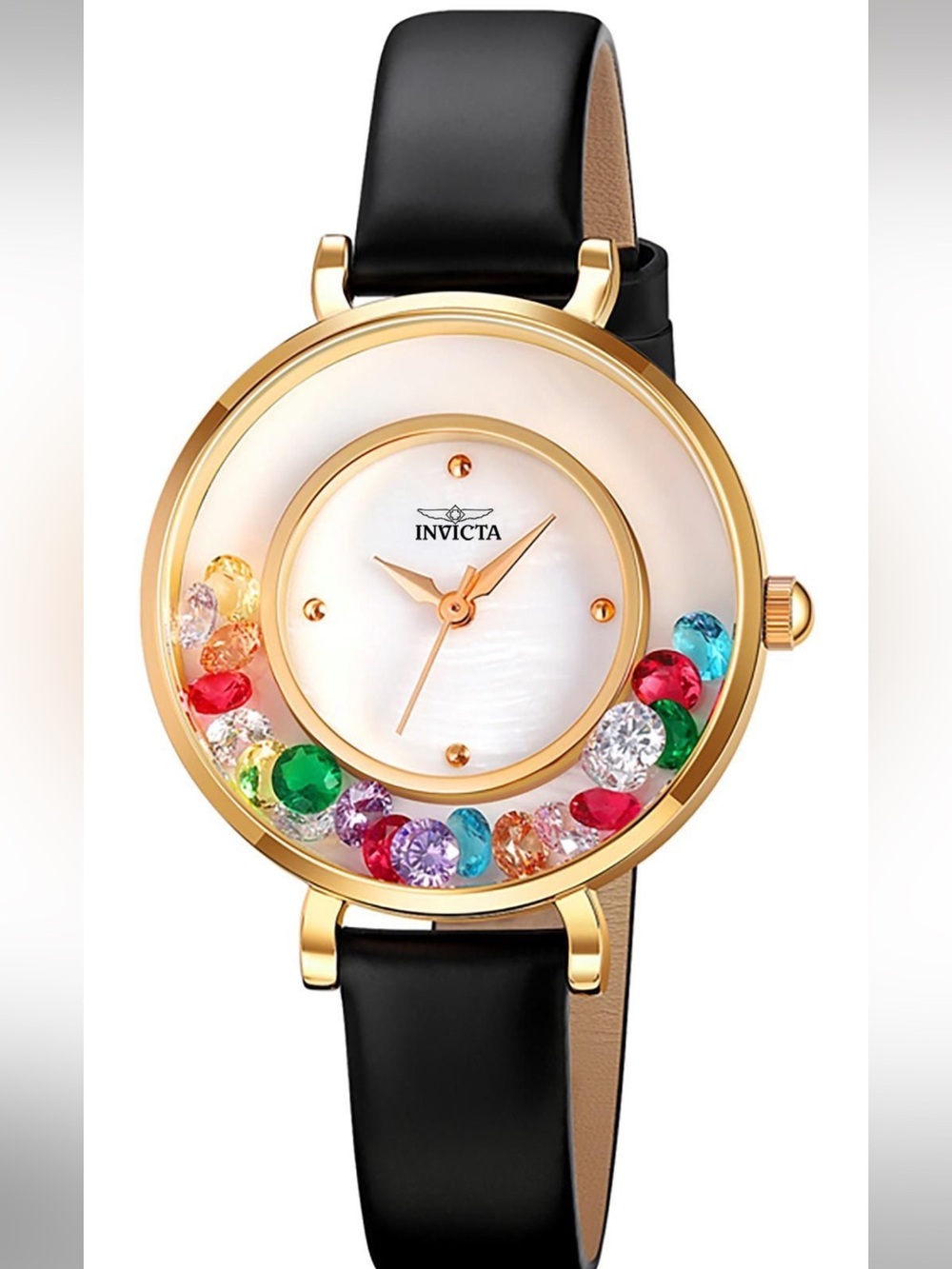 NEW Invicta Gold Tone Black Leather Watch Multicolor Crystal Dial Y2K Glam